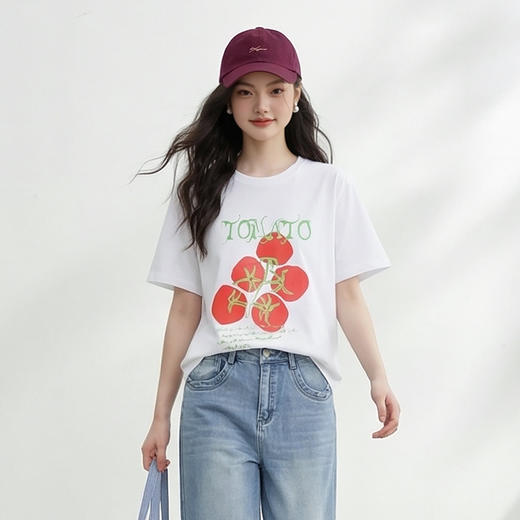 西遇白色短袖T恤女2026年春季新款圆领番茄印花韩系少女宽松上衣E0060173 商品图0