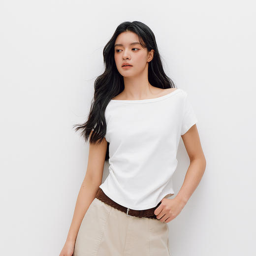 商场同款|森马短袖T恤女夏季短款修身一字领褶皱2026新款温柔衣服 商品图2