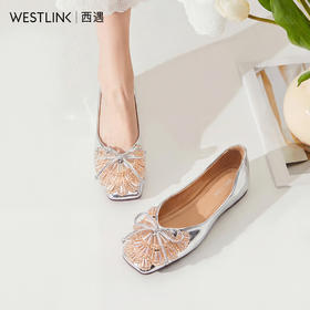 西遇浅口单鞋女2026春季新款一脚蹬蝴蝶结水钻软底舒适平底鞋子V0166275