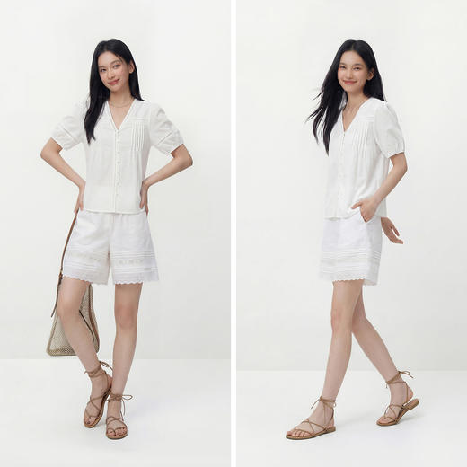 森马短袖衬衫女夏盐缩肌理白色泡泡袖花边V领设计感甜美俏皮衬衣 商品图4