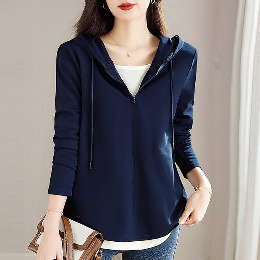 大码假两件连帽长袖上衣女春季新款休闲显瘦女士帽衫撞色宽松T恤 商品图0