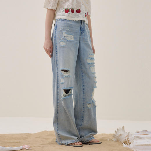 谜底阔腿牛仔裤长裤2026夏季新品天丝棉烫钻破洞浅蓝女262MJ0453 商品图1