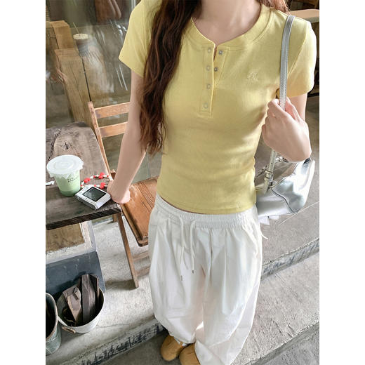 <曾小咸推荐>韩系亨利领刺绣修身短袖t恤女【预售款，预计3-15天！！】 商品图1