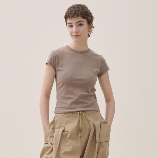 谜底简约修身T恤短袖2026年夏季新品弹力百搭撞色中线女262MT0662 商品图0