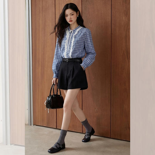 西遇法式灯笼袖蓝色格子衬衫女2026年春季新款设计感蕾丝拼接上衣E0060172 商品图1