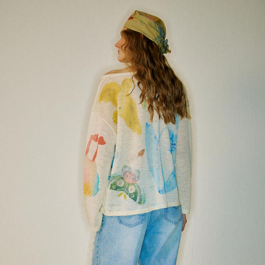 谜底针织衫长袖2026夏季新品一字肩干爽舒适印花罩衫女262MZ0751 商品图2