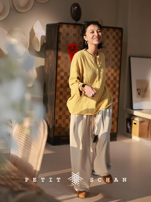 Petit Schan小闪 CLO#1067 Welcoming Spring 迎春 亚麻棉亨利领花纱长袖套头衫 商品图1