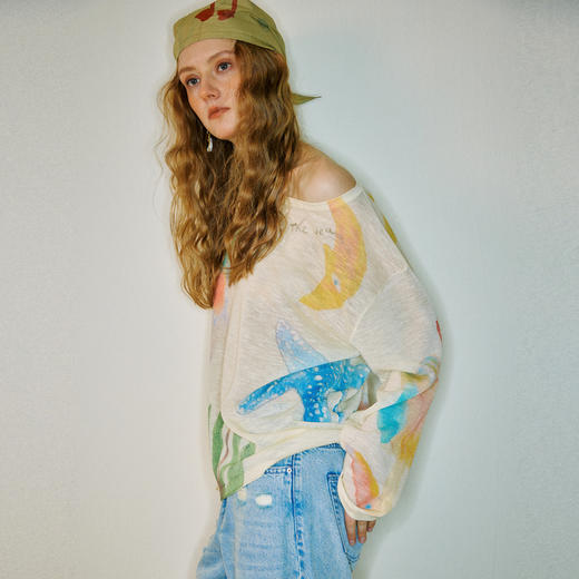 谜底针织衫长袖2026夏季新品一字肩干爽舒适印花罩衫女262MZ0751 商品图1