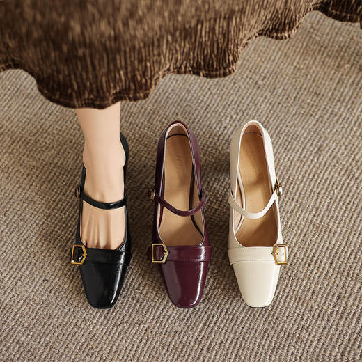 阿么手工女鞋方头复古一字带粗跟高跟鞋皮带扣百搭气质单鞋女7CM 商品图4