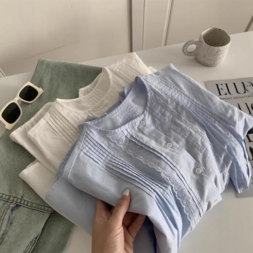 法式甜美捏褶花边圆领白色衬衫！2026女文艺复古灯笼长袖纯棉衬衣开衫春款！ 商品图2