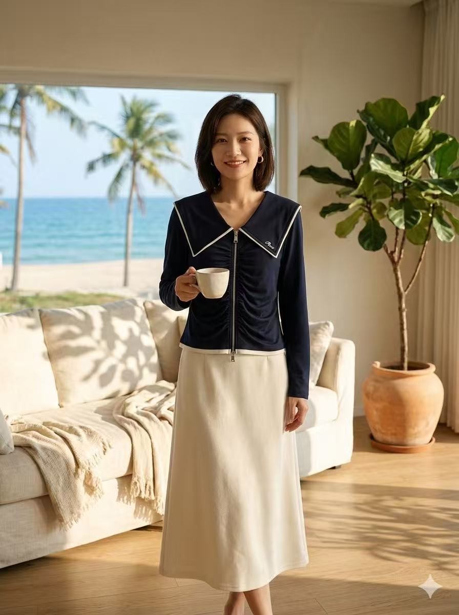 航海少女|海军领拉链褶皱开衫上衣