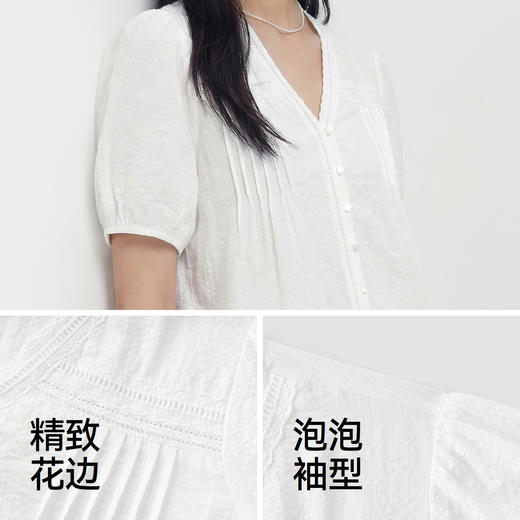 森马短袖衬衫女夏盐缩肌理白色泡泡袖花边V领设计感甜美俏皮衬衣 商品图3