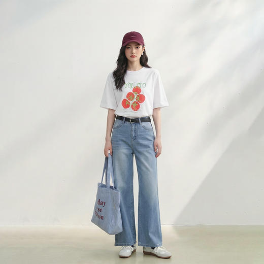 西遇白色短袖T恤女2026年春季新款圆领番茄印花韩系少女宽松上衣E0060173 商品图1