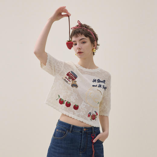 谜底套头针织衫短袖2026年夏季新品提花刺绣舒适毛衣女262MZ0790 商品图1