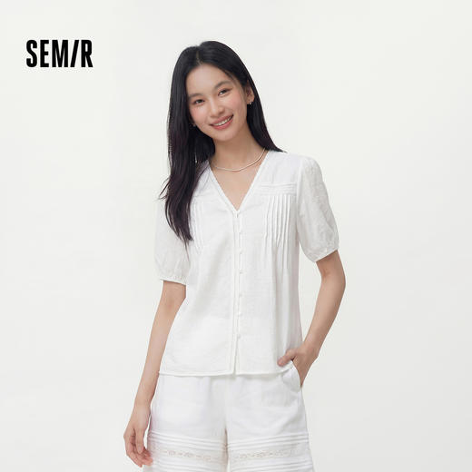 森马短袖衬衫女夏盐缩肌理白色泡泡袖花边V领设计感甜美俏皮衬衣 商品图1