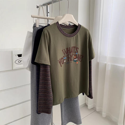 美式复古字母印花条纹长袖！2026假两件T恤女垂感软糯磨毛打底衫! 商品图1