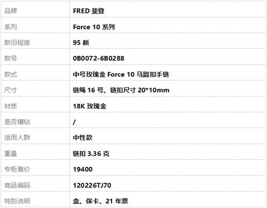 【95新】FRED斐登Force 10系列0B0072-6B0288中号玫瑰金Force 10马蹄扣手链 链绳16号中性款120226TJ70 商品图6