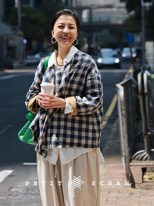 Petit Schan小闪 CLO#1066 Inside cooperation 里应外合 色织纯亚麻格纹双排扣圆领外套 商品图0