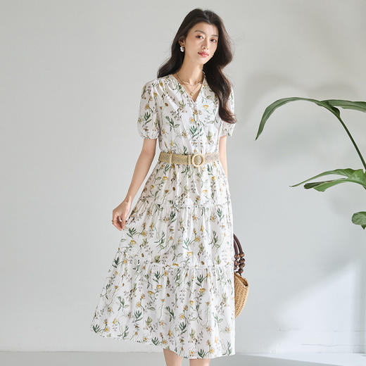 「高货sh」全新升级【铂金会员266/天猫359/差价93】(05358)洛诗琳气质泡泡袖碎花连衣裙2026新款V领收腰中长A字裙女 商品图3