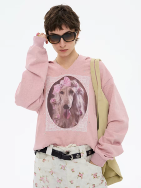 local tag/lt26ssk21/蕾丝小狗画像 印花烫钉做旧卫衣