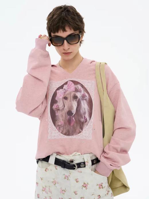 local tag/lt26ssk21/蕾丝小狗画像 印花烫钉做旧卫衣 商品图0