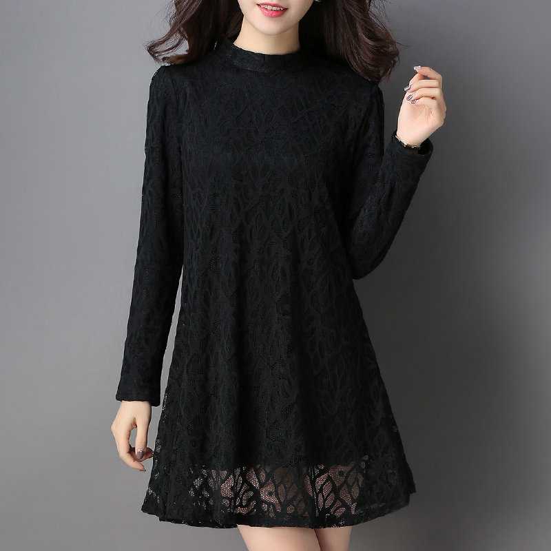 2026新款黑色大码蕾丝打底衫女中长款春秋季洋气长袖上衣时尚洋气