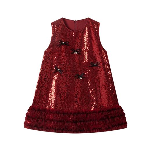 littletime女童连衣裙2025秋冬新款红色亮片蝴蝶结加绒花边公主裙 商品图4