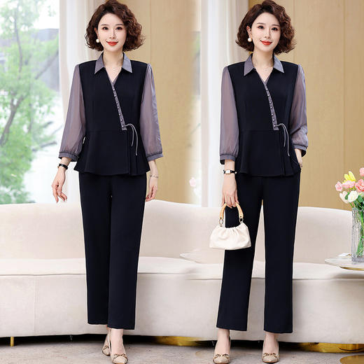 雀说春夏新款小衫套装中老年气质上衣长袖衬衫新中式两件套阔腿裤WAL 商品图0