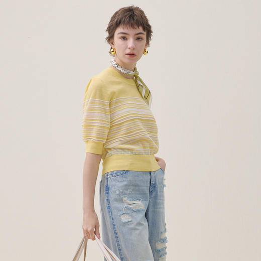 谜底套头针织衫短袖2026夏季新品H型百搭舒适质感毛衣女262MZ0755 商品图1