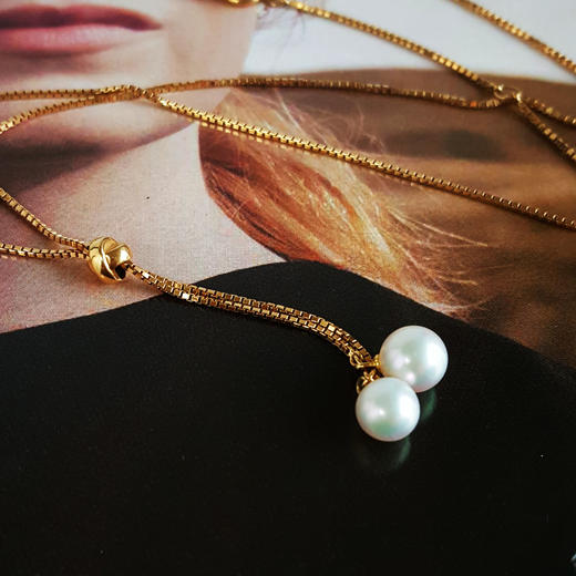 【天然正品】AU750黄金镶天然简约款近圆约5-6MM AKOYA双海水珍珠项链 链长：48CM（长度可调节）030326NJS30 商品图2