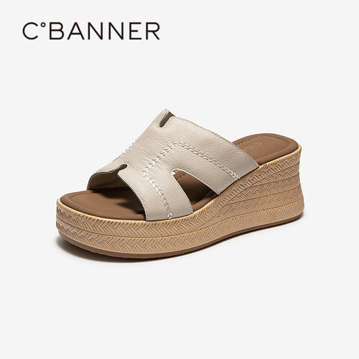 千百度坡跟厚底一字拖女2026夏季新款增高露趾外穿舒适休闲凉拖鞋A26315605 商品图1