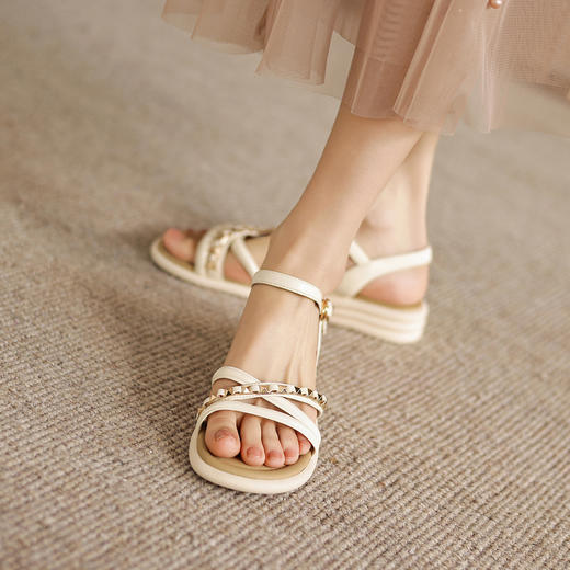 阿么手工女鞋夏季新款外穿软底露趾一字带凉鞋女款仙女风百搭3CM 商品图4