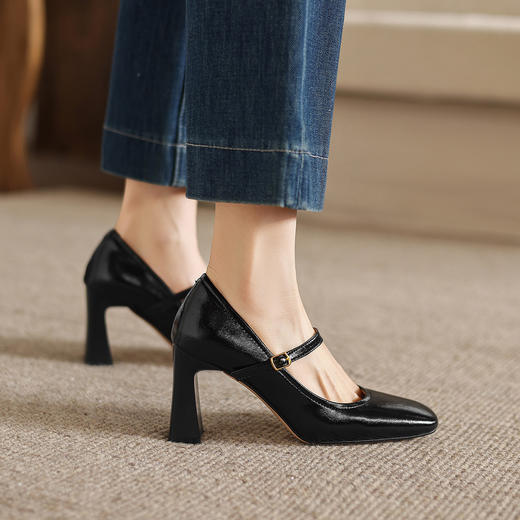 阿么手工女鞋真皮一字带高跟法式玛丽珍鞋官方正品时尚单鞋女8CM 商品图2