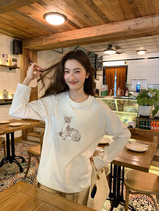 【秒杀价已调 直接拍】MC 小鹿手绘 印花 磨边长袖 T恤 商品图10