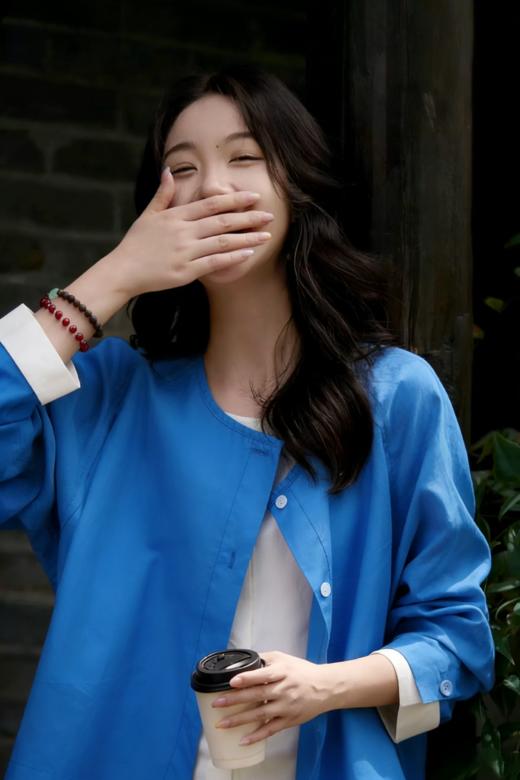 克莱因蓝纯棉假两件拼接衬衫 商品图0