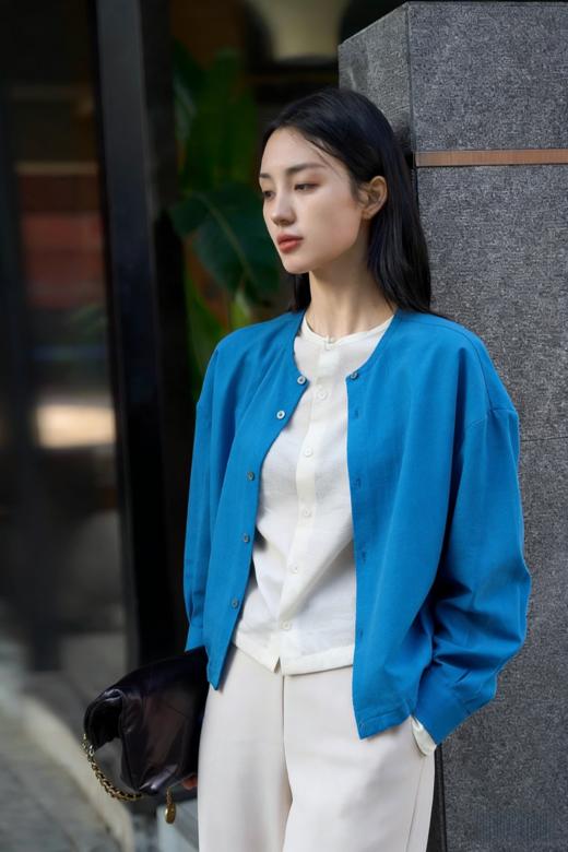 克莱因蓝纯棉假两件拼接衬衫 商品图4