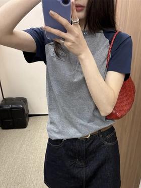 学院风~mi*/谬系早春26ss 早春撞色拼肩开衫短袖 复古徽标男女贴布绣标 纯棉圆领短袖