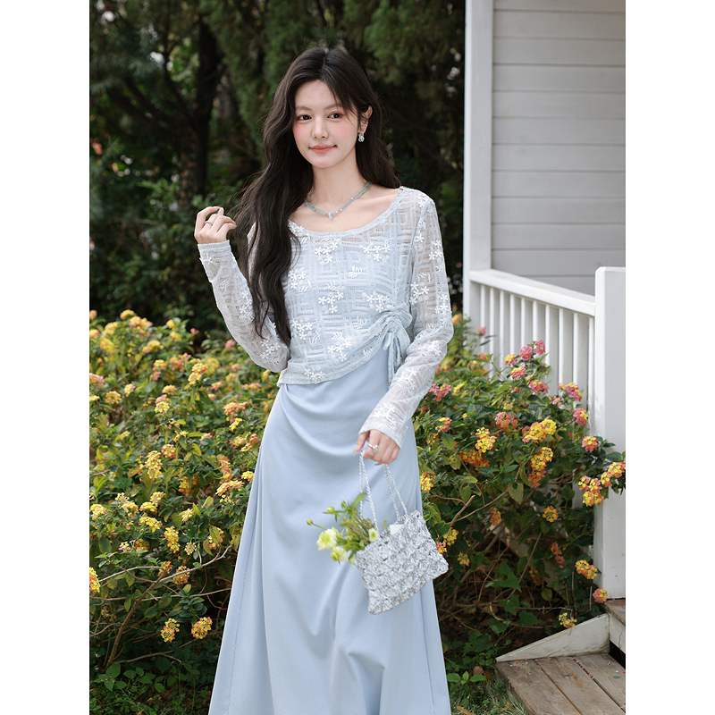 鹿向南「雾蓝清梦」灰蓝色镂空罩衫女春夏新款时尚外搭氛围感T恤