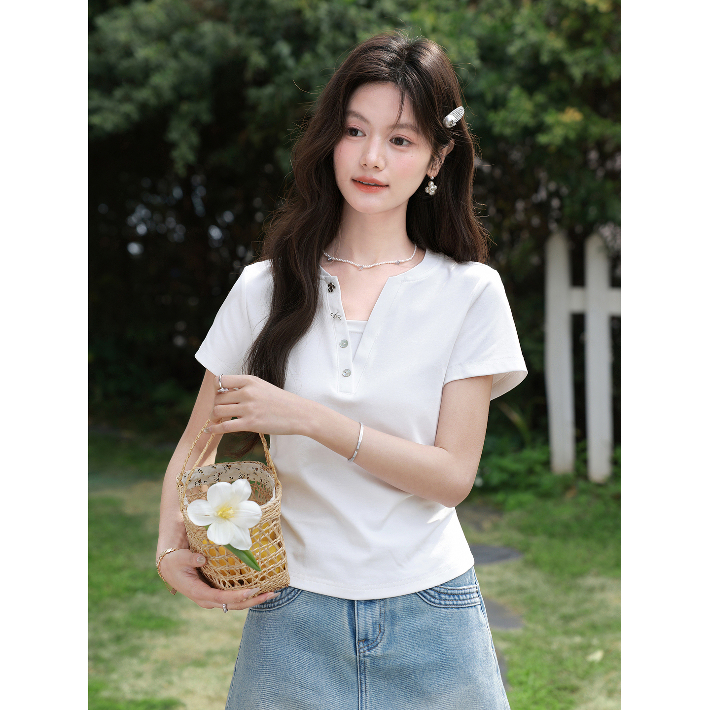 鹿向南「皎洁白月」法式白色短袖设计感T恤女夏新款修身显瘦上衣