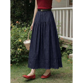 鹿向南「漾蓝胶片」复古气质牛仔蓝半身裙女夏季新款A字中长裙子