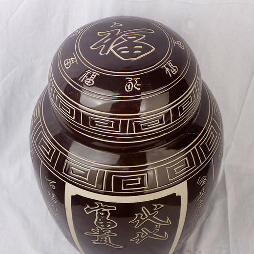 咖啡色殡葬骨灰盒 景德镇陶瓷寿坛捡骨罐双层盖骨灰坛 商品图2