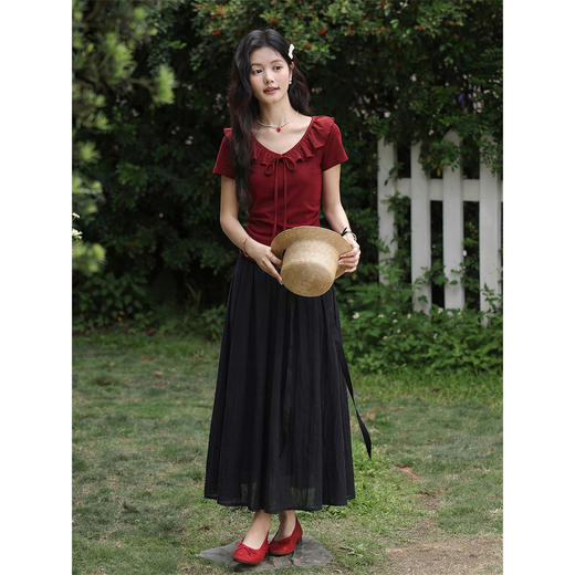 鹿向南「樱桃信笺」酒红色短袖T恤春季新款时尚设计感百搭上衣女 商品图2