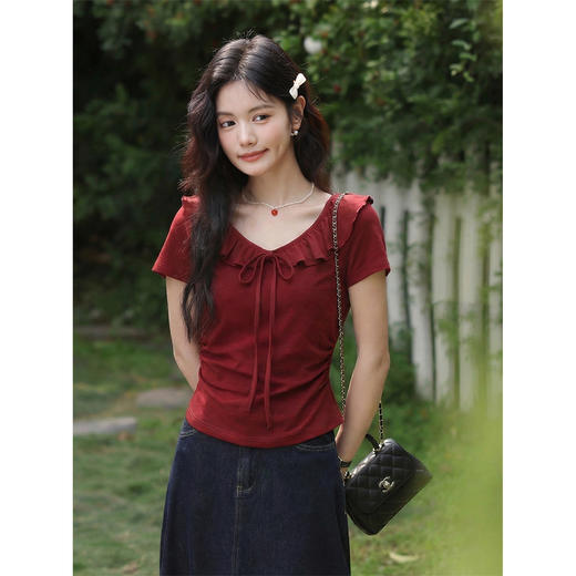 鹿向南「樱桃信笺」酒红色短袖T恤春季新款时尚设计感百搭上衣女 商品图4
