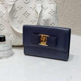 菲拉格慕 蓝金 十字纹牛皮  蝴蝶结 钱包