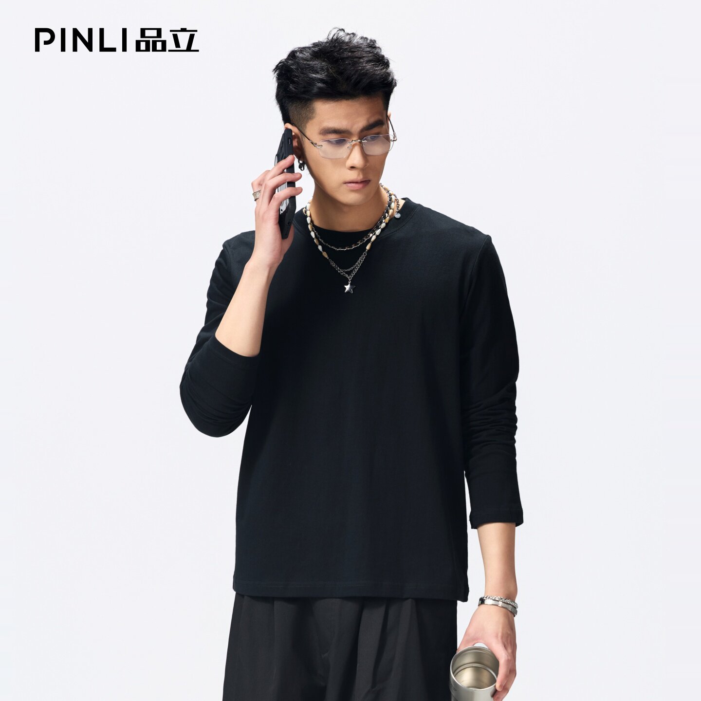 PINLI品立2026春季新款男士圆领百搭纯色打底上衣长袖T恤青年潮牌GD262111029