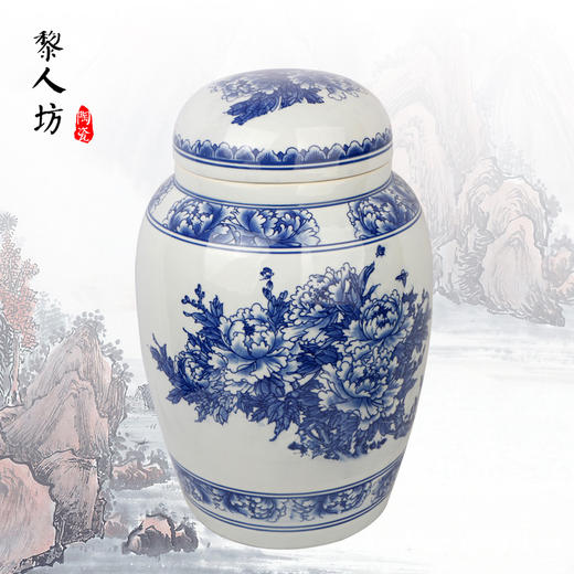 陶瓷大骨灰坛子 景德镇青花牡丹瓷器双层盖骨灰罐 商品图0