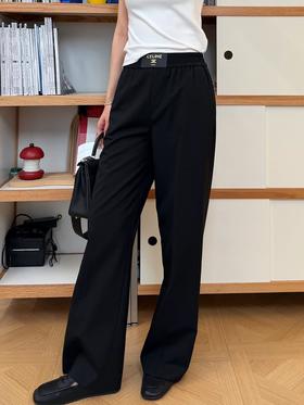 瑟琳最新款垂感黑西裤腰部点缀皮革贴片神裤