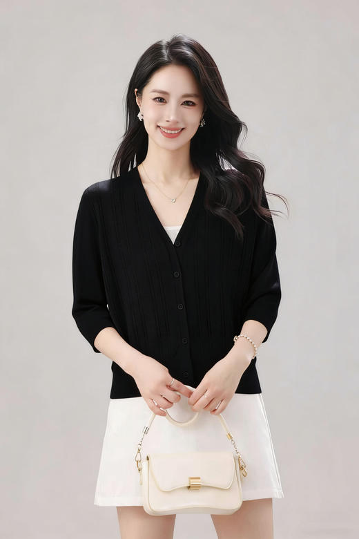 SC1E07_皓色/杨妃色/漆黑色_针织衫_春季_V领竖条镂空单排扣七分袖短款_高级女装_BERNIEELEN 伯妮斯茵 商品图1