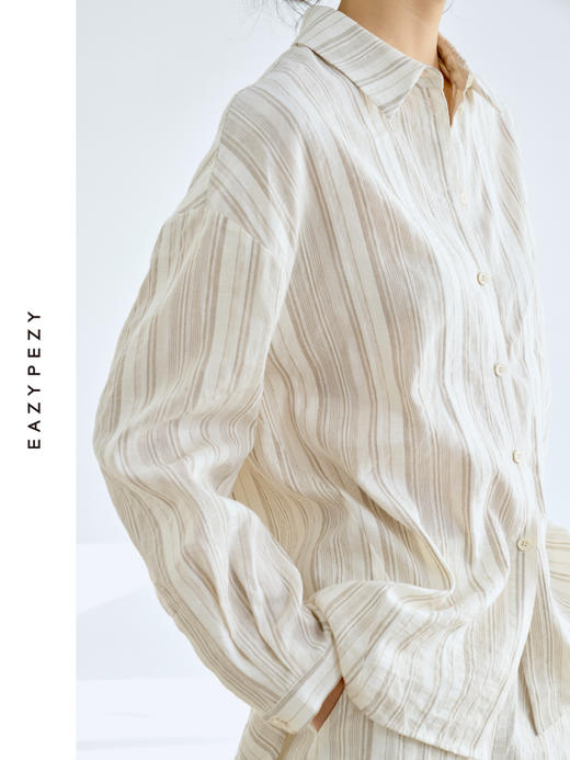 色织亚麻棉提花条纹衬衫套装 商品图2