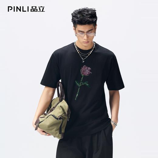 PIJNLI品立2026夏季新款青年植物烫钻圆领落肩短袖T恤上衣潮牌男BG262111014 商品图3